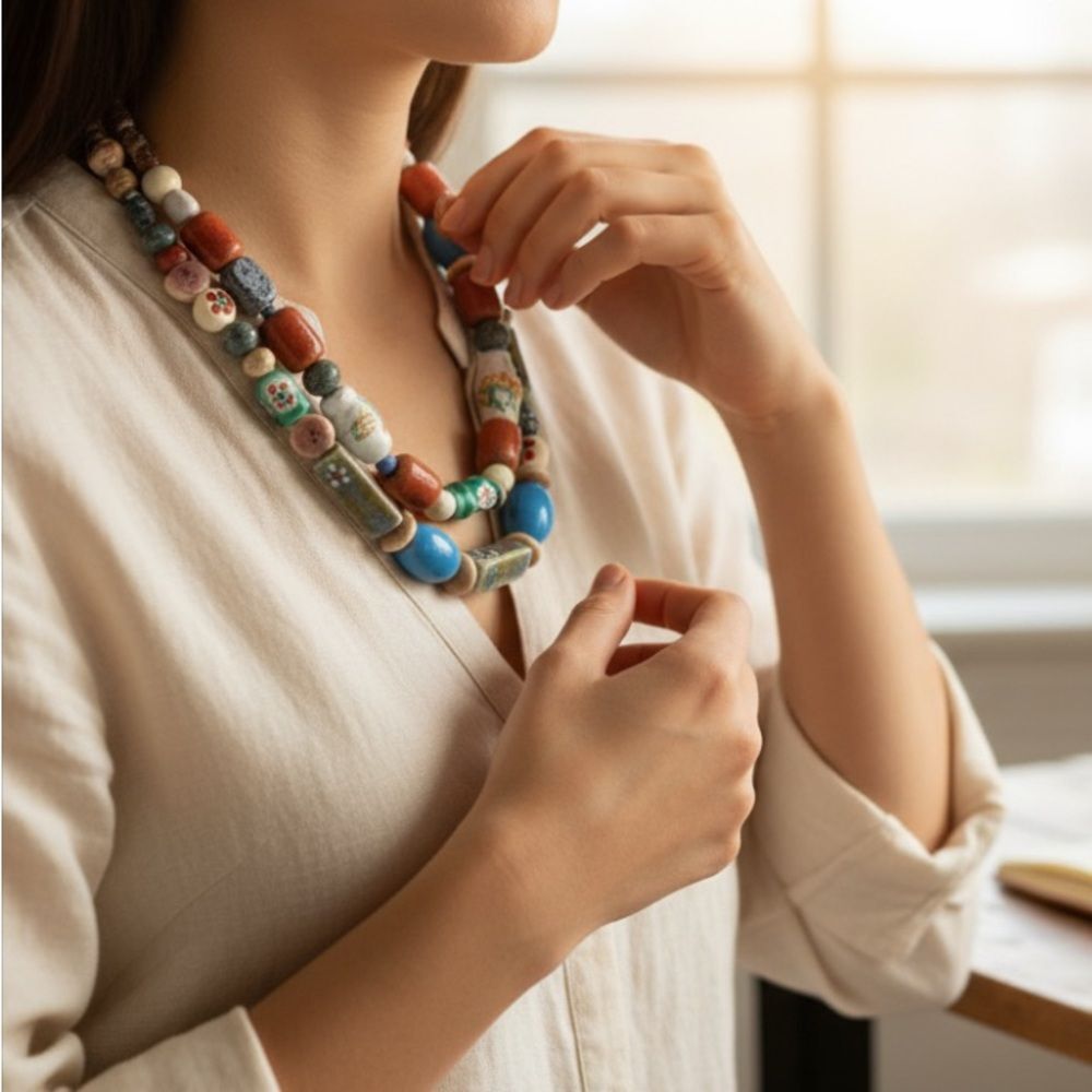 Long Multicolor Ceramic Bead Statement Necklace – Handcrafted Boho